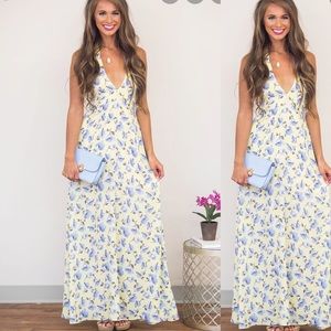 Pink Lily Floral Maxi Dress - Yellow and Blue